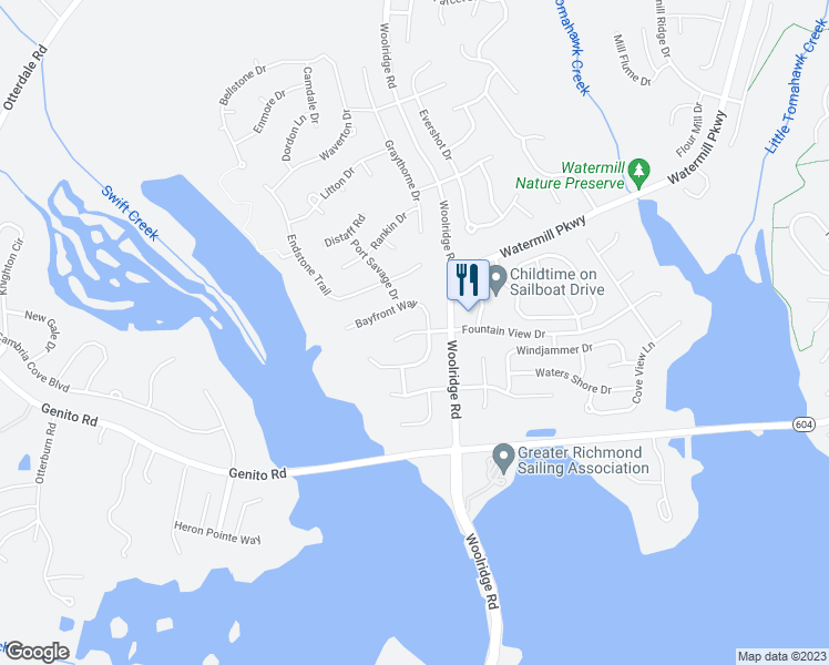 map of restaurants, bars, coffee shops, grocery stores, and more near 14919 Bayfront Place in Midlothian