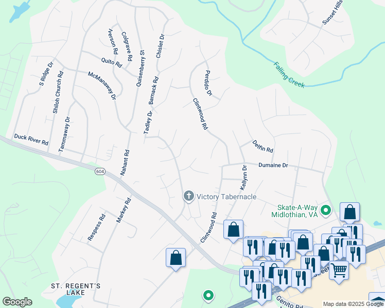 map of restaurants, bars, coffee shops, grocery stores, and more near 11714 Walnut Wood Drive in Midlothian