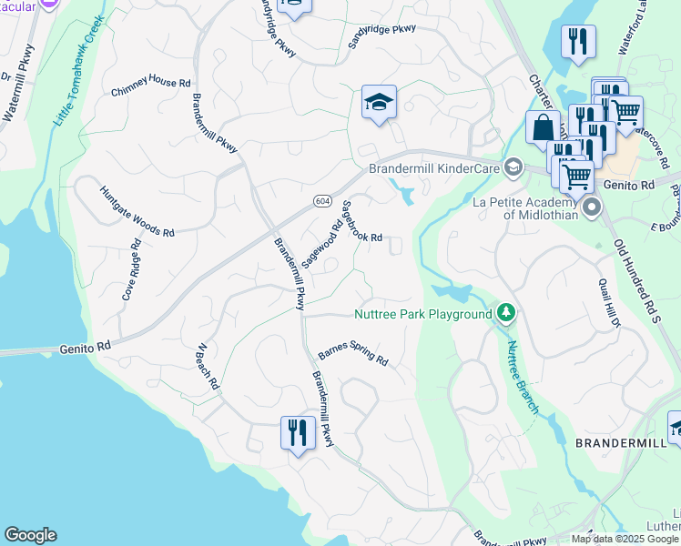 map of restaurants, bars, coffee shops, grocery stores, and more near 13925 Sagegrove Cir in Midlothian