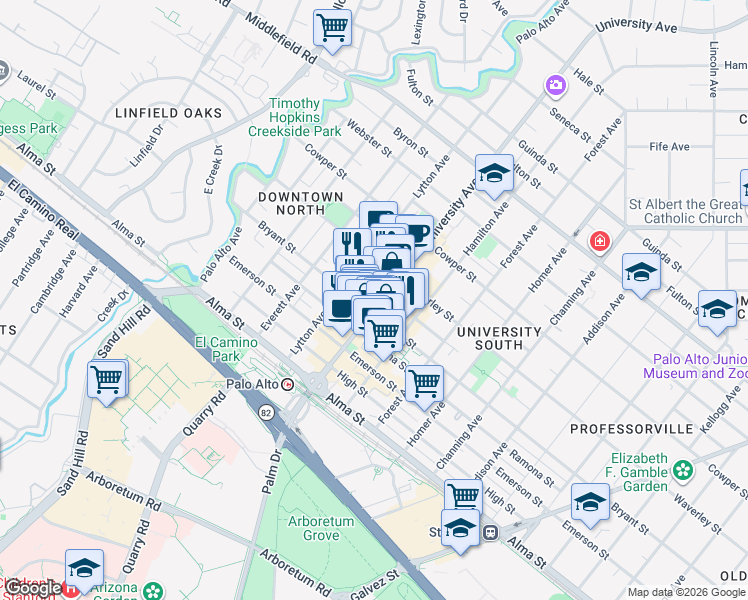 map of restaurants, bars, coffee shops, grocery stores, and more near 317 University Avenue in Palo Alto