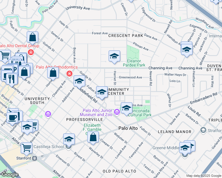 map of restaurants, bars, coffee shops, grocery stores, and more near 1036 Harker Avenue in Palo Alto