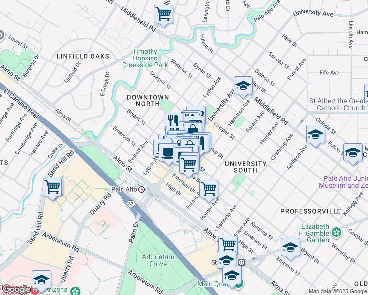 map of restaurants, bars, coffee shops, grocery stores, and more near 317 University Avenue in Palo Alto