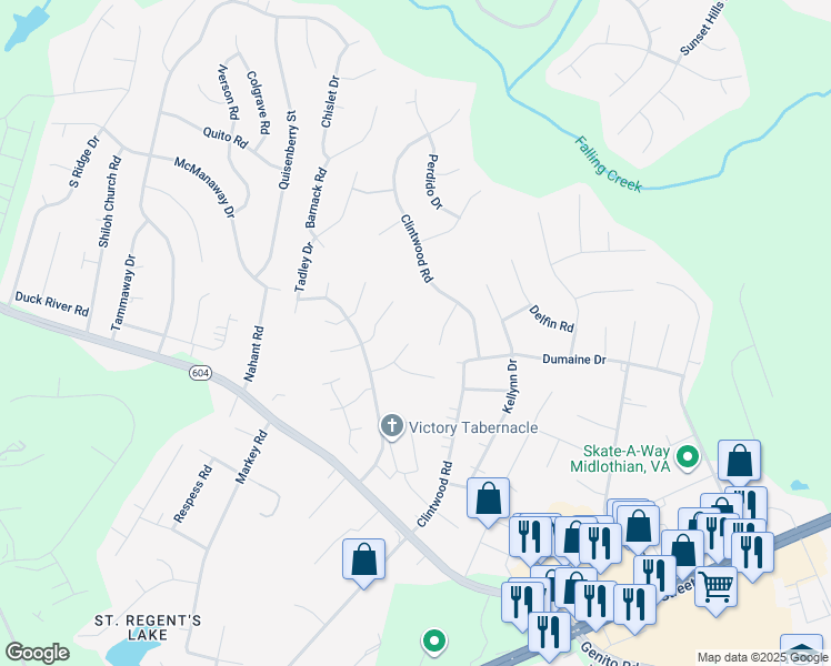 map of restaurants, bars, coffee shops, grocery stores, and more near 11702 Walnut Wood Drive in Midlothian