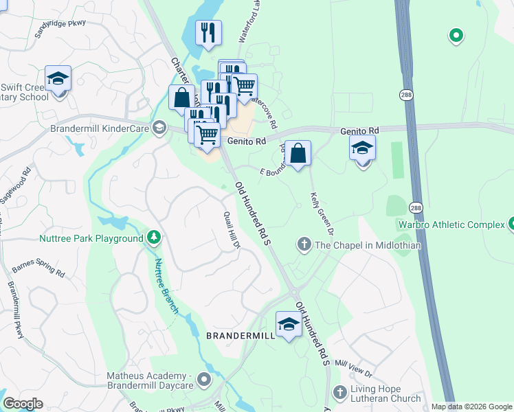 map of restaurants, bars, coffee shops, grocery stores, and more near 3301 Old Hundred Road South in Midlothian