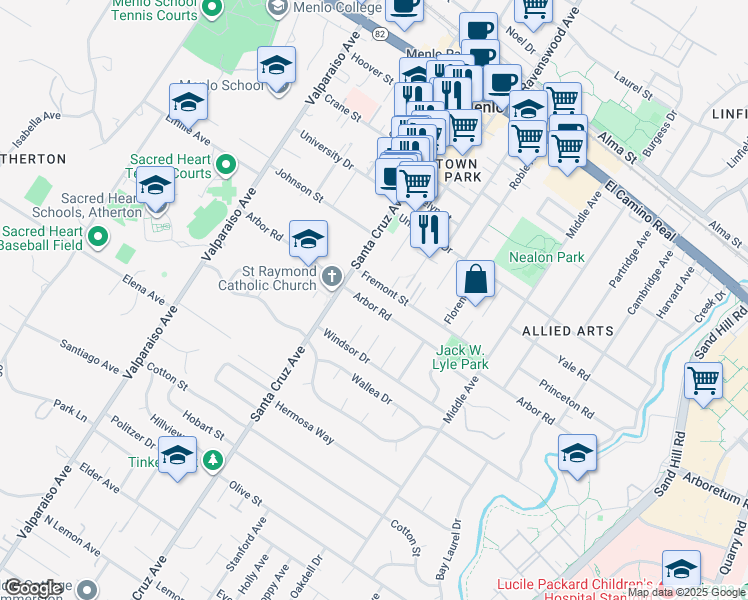 map of restaurants, bars, coffee shops, grocery stores, and more near 925 Arbor Road in Menlo Park