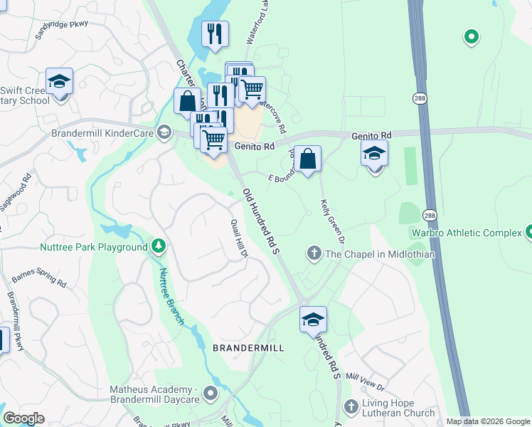map of restaurants, bars, coffee shops, grocery stores, and more near 3301 Old Hundred Road South in Midlothian