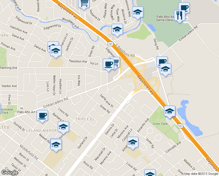 map of restaurants, bars, coffee shops, grocery stores, and more near 2220 Saint Francis Terrace in Palo Alto