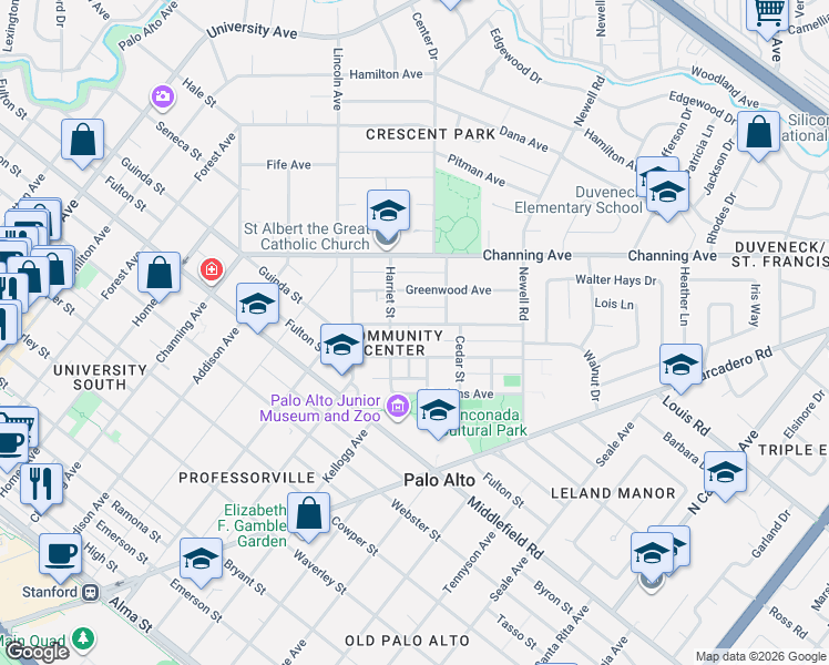map of restaurants, bars, coffee shops, grocery stores, and more near 1161 Parkinson Avenue in Palo Alto