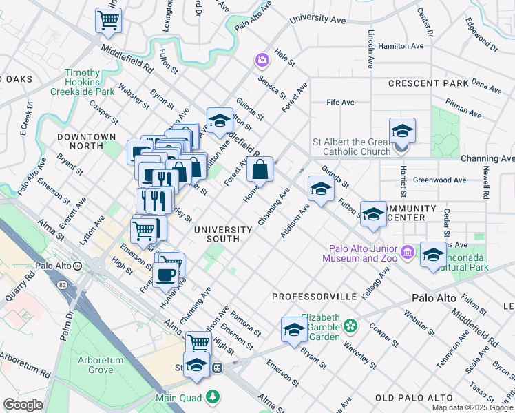 map of restaurants, bars, coffee shops, grocery stores, and more near 541 Channing Avenue in Palo Alto