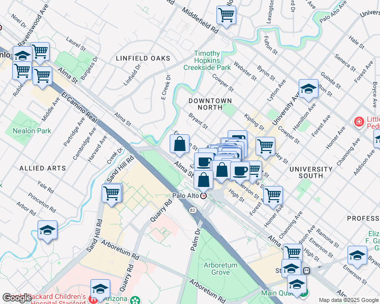map of restaurants, bars, coffee shops, grocery stores, and more near 251 High Street in Palo Alto