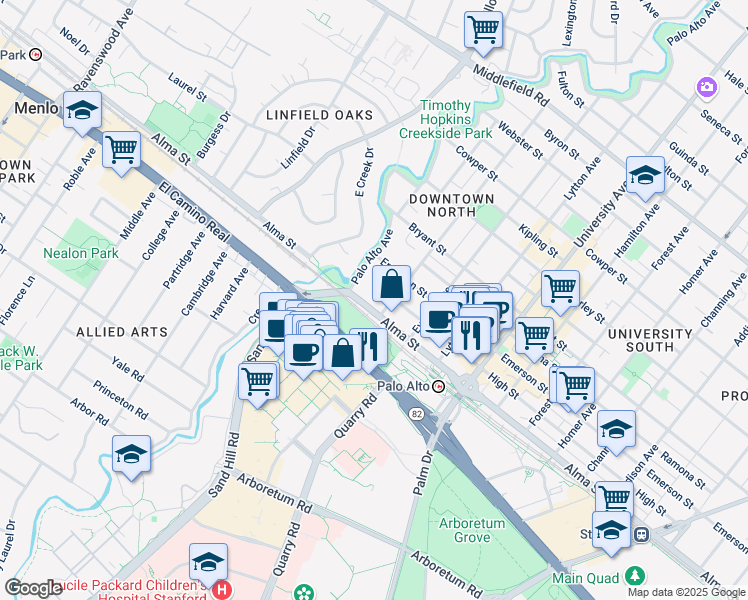 map of restaurants, bars, coffee shops, grocery stores, and more near in Palo Alto
