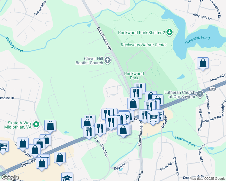 map of restaurants, bars, coffee shops, grocery stores, and more near 3310 Old Courthouse Road in Richmond