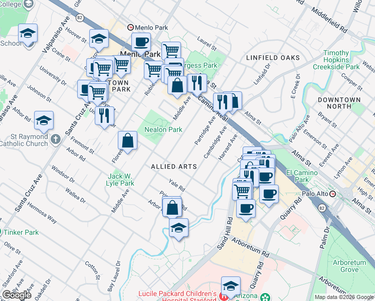 map of restaurants, bars, coffee shops, grocery stores, and more near 844 Partridge Avenue in Menlo Park