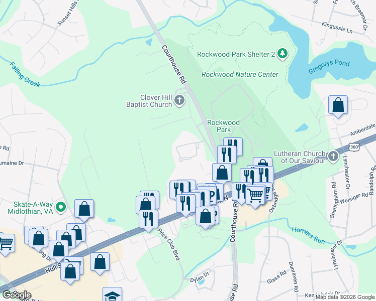 map of restaurants, bars, coffee shops, grocery stores, and more near 3310 Old Courthouse Road in Richmond