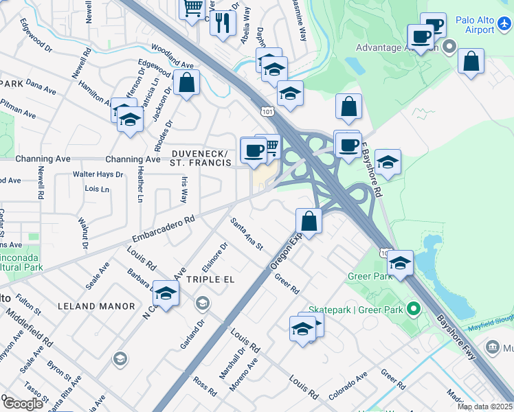 map of restaurants, bars, coffee shops, grocery stores, and more near 2220 Saint Francis Terrace in Palo Alto