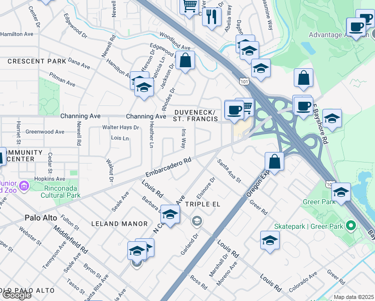 map of restaurants, bars, coffee shops, grocery stores, and more near 200 Iris Way in Palo Alto