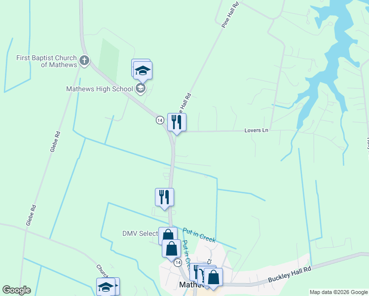 map of restaurants, bars, coffee shops, grocery stores, and more near Buckley Hall Road in Mathews