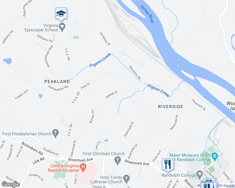 map of restaurants, bars, coffee shops, grocery stores, and more near 630 Selene Street in Lynchburg