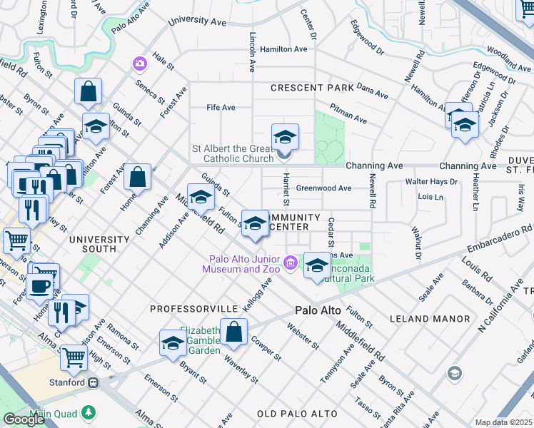 map of restaurants, bars, coffee shops, grocery stores, and more near 794 Melville Avenue in Palo Alto
