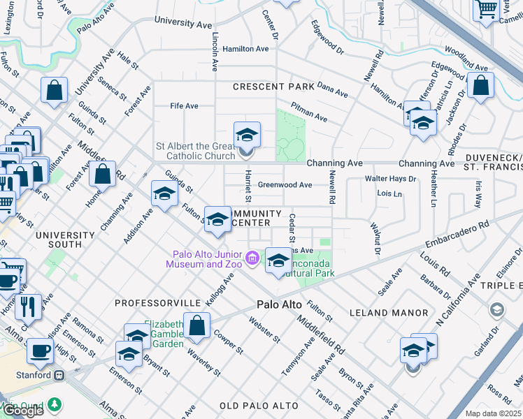 map of restaurants, bars, coffee shops, grocery stores, and more near 1161 Parkinson Avenue in Palo Alto