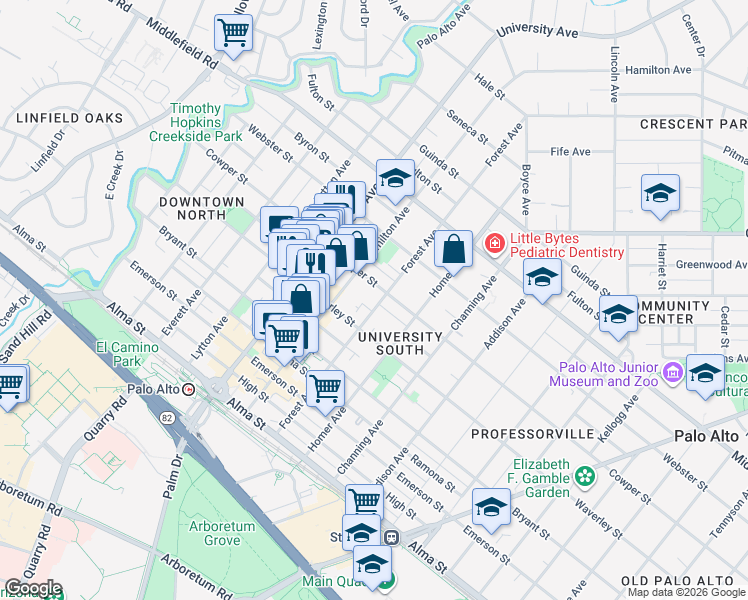 map of restaurants, bars, coffee shops, grocery stores, and more near in Palo Alto