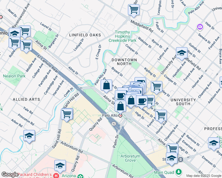 map of restaurants, bars, coffee shops, grocery stores, and more near 251 High Street in Palo Alto
