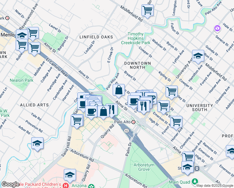 map of restaurants, bars, coffee shops, grocery stores, and more near in Palo Alto