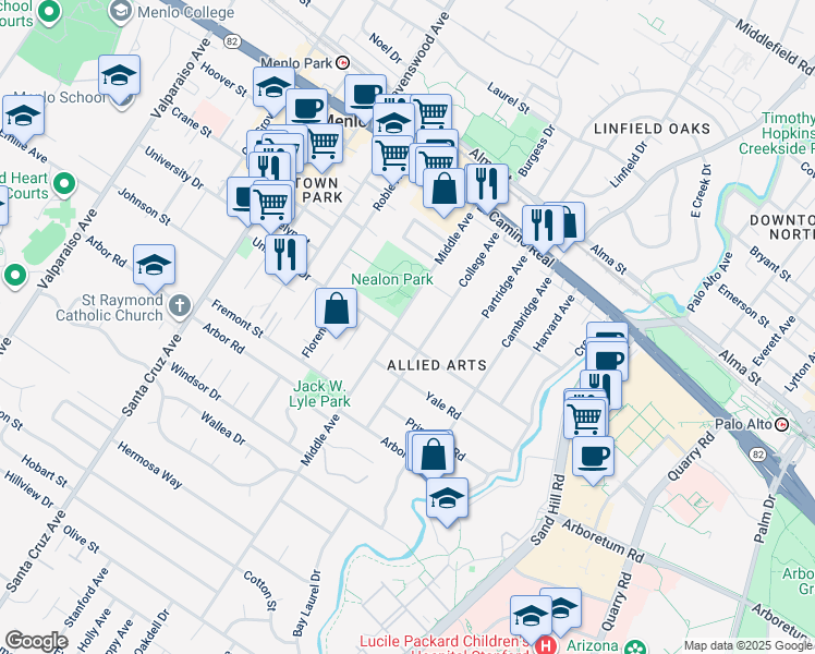 map of restaurants, bars, coffee shops, grocery stores, and more near in Menlo Park