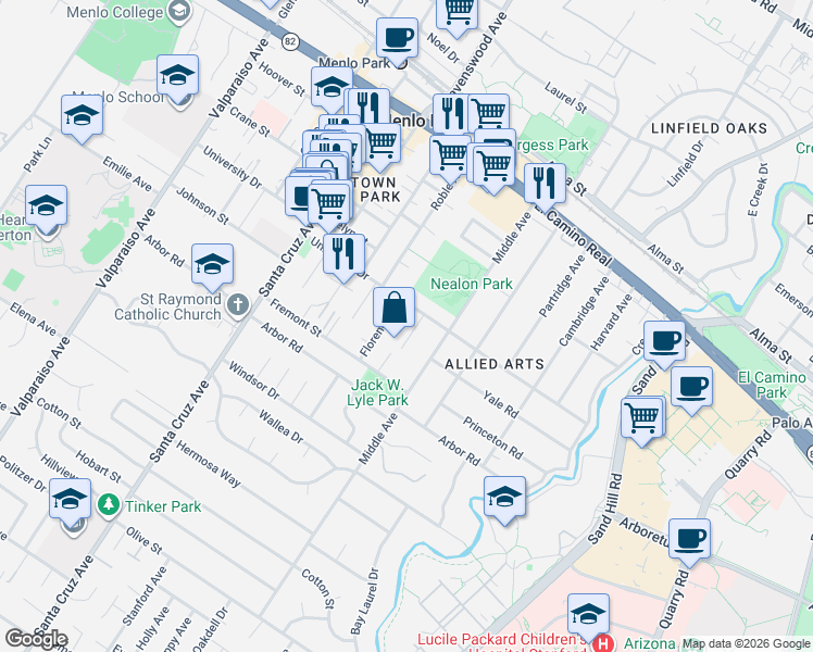 map of restaurants, bars, coffee shops, grocery stores, and more near 960 Alice Lane in Menlo Park
