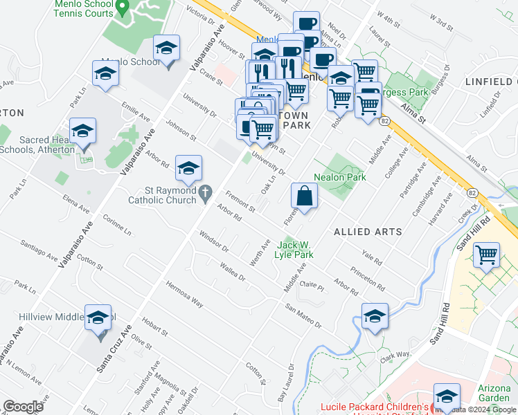 map of restaurants, bars, coffee shops, grocery stores, and more near 823 Fremont Street in Menlo Park