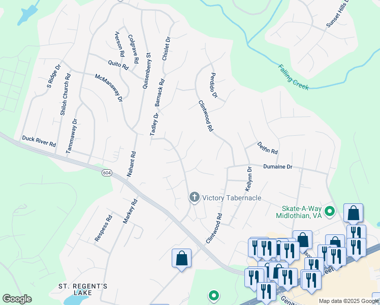 map of restaurants, bars, coffee shops, grocery stores, and more near 11843 Rimswell Place in Midlothian