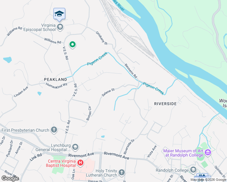 map of restaurants, bars, coffee shops, grocery stores, and more near 646 Selene Street in Lynchburg