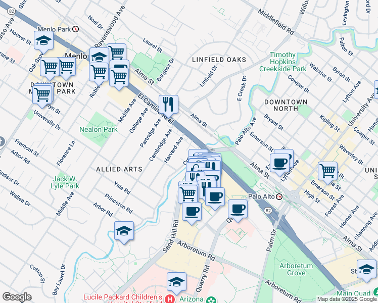 map of restaurants, bars, coffee shops, grocery stores, and more near 646 Creek Drive in Menlo Park