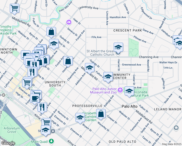 map of restaurants, bars, coffee shops, grocery stores, and more near 1073 Middlefield Road in Palo Alto