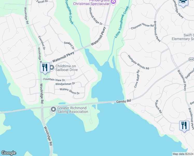 map of restaurants, bars, coffee shops, grocery stores, and more near 2807 Cove View Lane in Midlothian