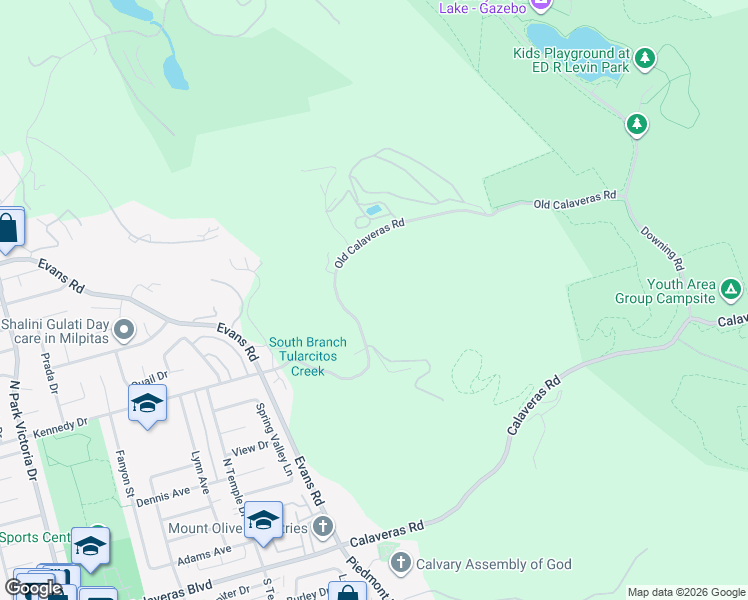 map of restaurants, bars, coffee shops, grocery stores, and more near 2116 Old Calaveras Road in Milpitas