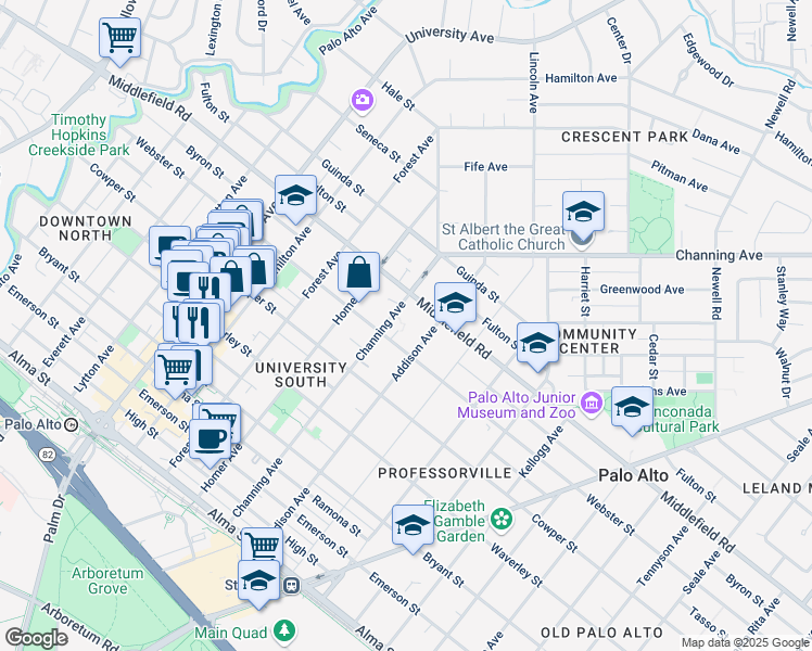 map of restaurants, bars, coffee shops, grocery stores, and more near 916 Webster Street in Palo Alto