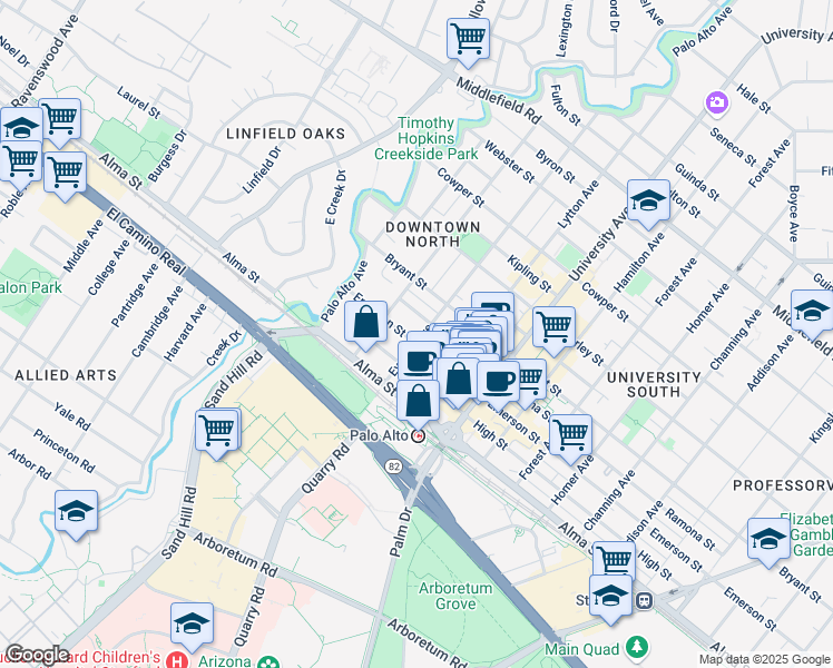 map of restaurants, bars, coffee shops, grocery stores, and more near 251 High Street in Palo Alto