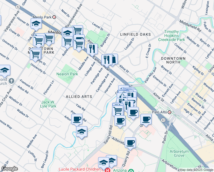map of restaurants, bars, coffee shops, grocery stores, and more near 772 Harvard Avenue in Menlo Park