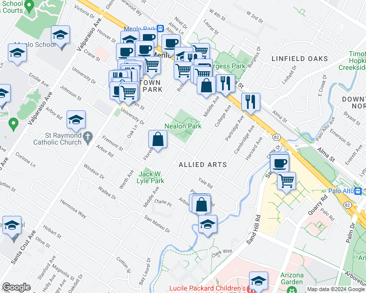 map of restaurants, bars, coffee shops, grocery stores, and more near 908 Middle Avenue in Menlo Park