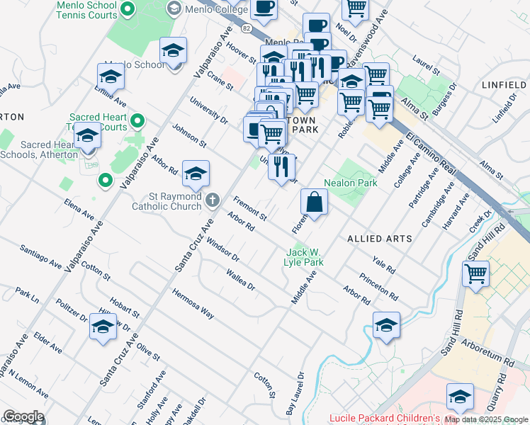 map of restaurants, bars, coffee shops, grocery stores, and more near 823 Fremont Street in Menlo Park
