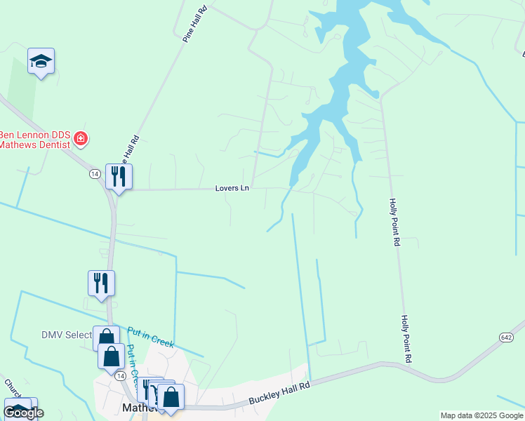 map of restaurants, bars, coffee shops, grocery stores, and more near 56 Oakley Pointe Lane in Mathews