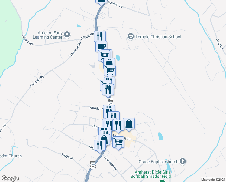 map of restaurants, bars, coffee shops, grocery stores, and more near 4673 South Amherst Highway in Madison Heights
