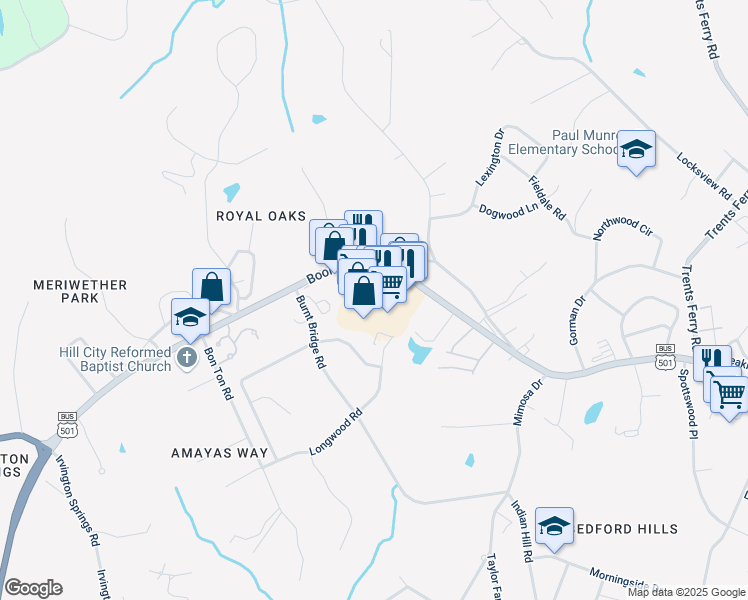 map of restaurants, bars, coffee shops, grocery stores, and more near 4925 Boonsboro Road in Lynchburg