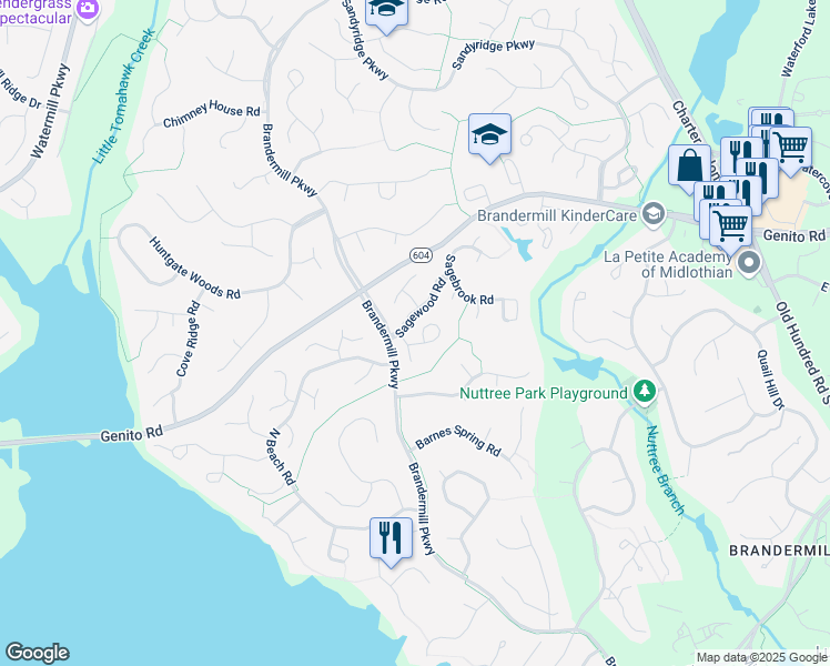 map of restaurants, bars, coffee shops, grocery stores, and more near 3002 Sagegrove Road in Midlothian