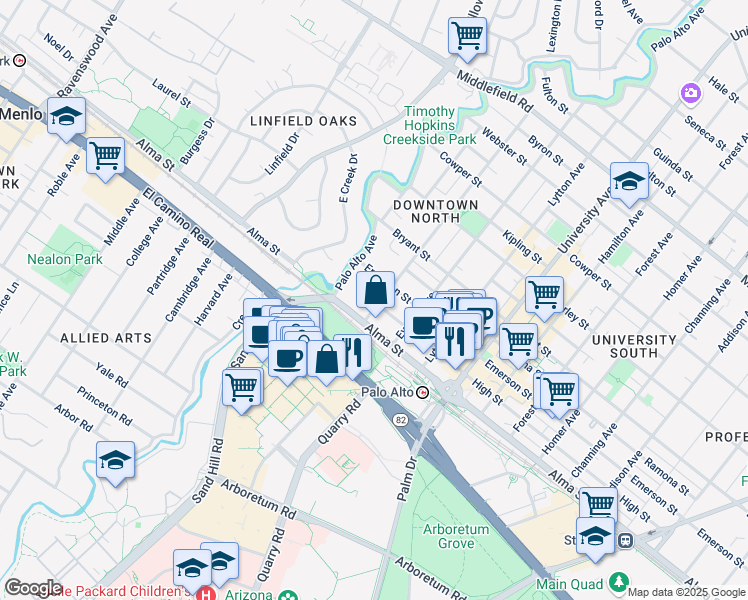 map of restaurants, bars, coffee shops, grocery stores, and more near 139 Hawthorne Avenue in Palo Alto