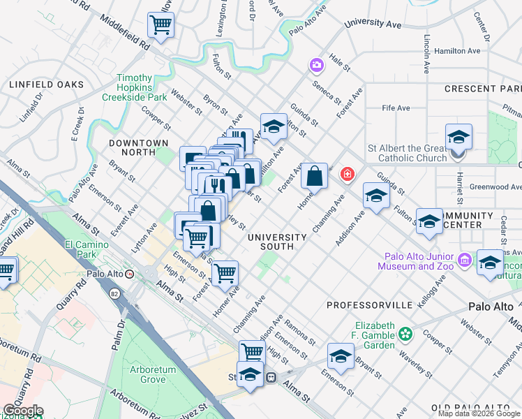 map of restaurants, bars, coffee shops, grocery stores, and more near 473 Forest Avenue in Palo Alto