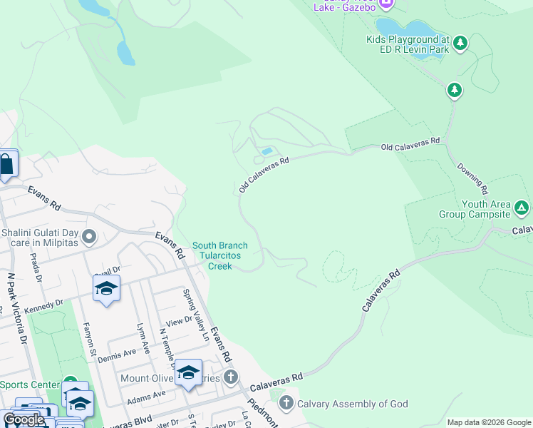 map of restaurants, bars, coffee shops, grocery stores, and more near 2116 Old Calaveras Road in Milpitas