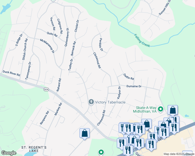 map of restaurants, bars, coffee shops, grocery stores, and more near 11702 Walnut Wood Drive in Midlothian
