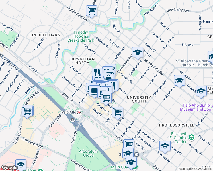 map of restaurants, bars, coffee shops, grocery stores, and more near 353 University Avenue in Palo Alto